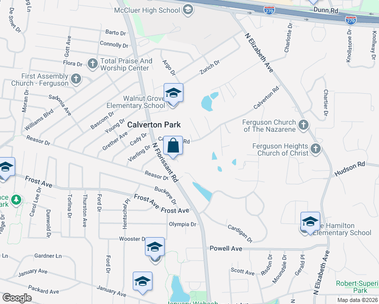 map of restaurants, bars, coffee shops, grocery stores, and more near 100 Calverton Road in St. Louis