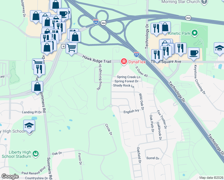 map of restaurants, bars, coffee shops, grocery stores, and more near 301 Wild Oak Drive in Dardenne Prairie