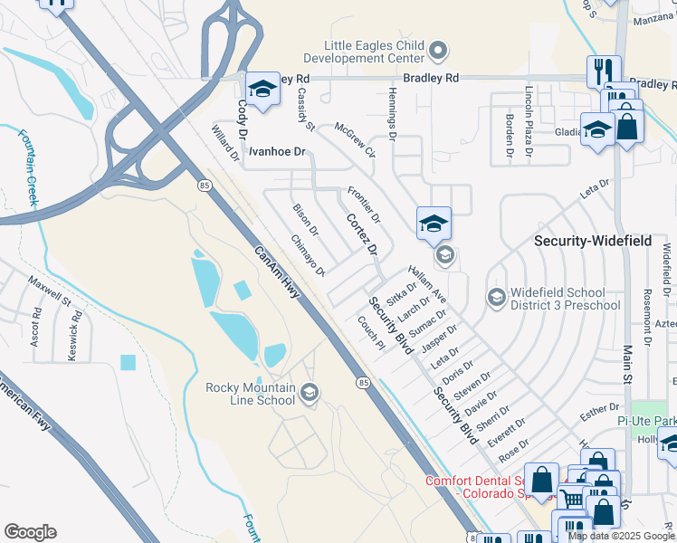 map of restaurants, bars, coffee shops, grocery stores, and more near 2502 Chimayo Drive in Colorado Springs