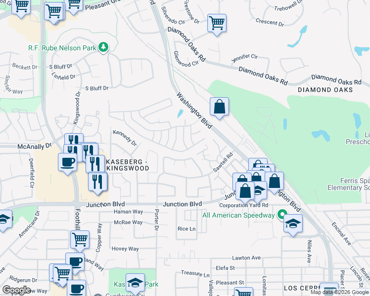 map of restaurants, bars, coffee shops, grocery stores, and more near 221 Lafayette Drive in Roseville