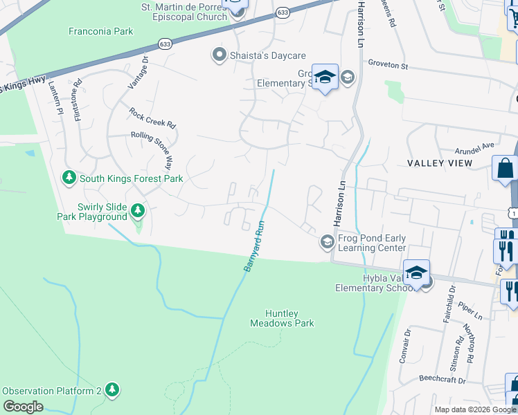 map of restaurants, bars, coffee shops, grocery stores, and more near 7201 Stover Drive in Alexandria