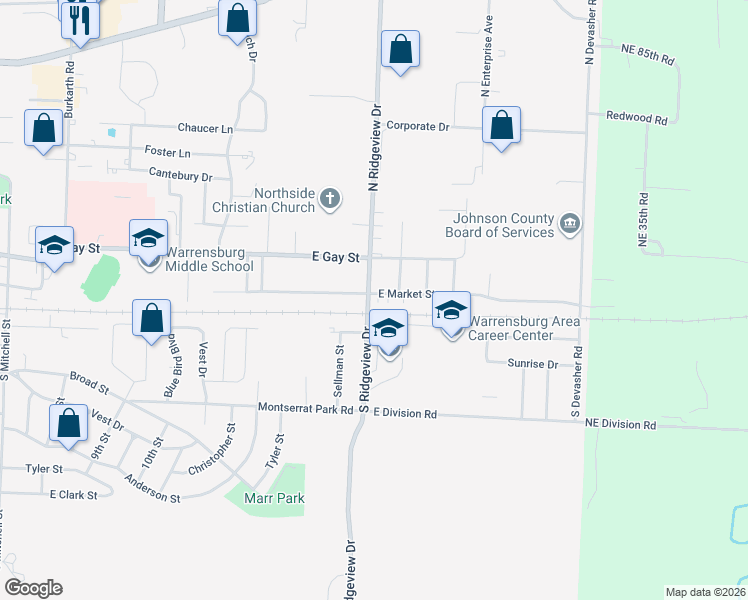 map of restaurants, bars, coffee shops, grocery stores, and more near 900 East Market Street in Warrensburg