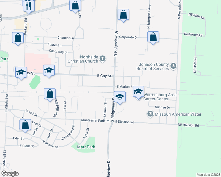 map of restaurants, bars, coffee shops, grocery stores, and more near 822 East Market Street in Warrensburg