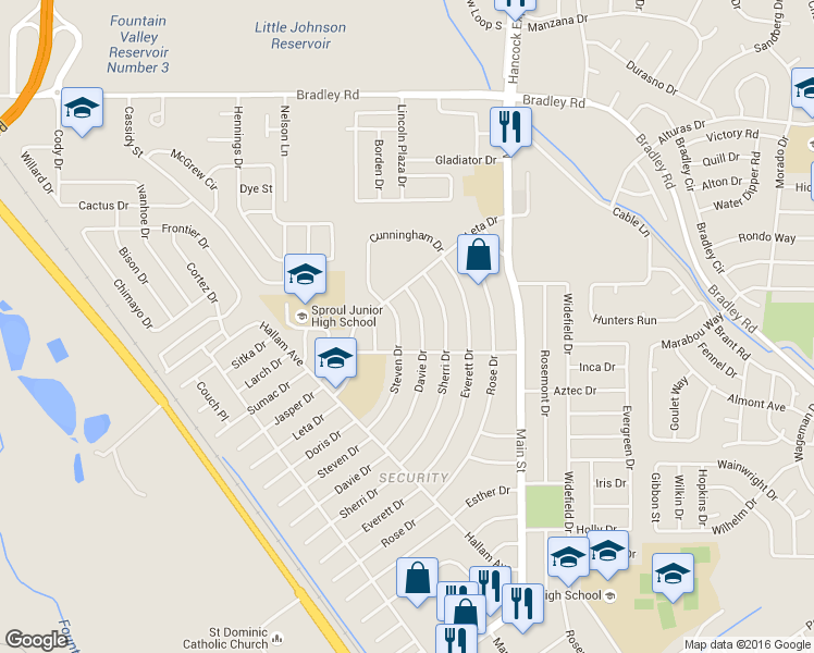map of restaurants, bars, coffee shops, grocery stores, and more near 313 Steven Drive in Colorado Springs