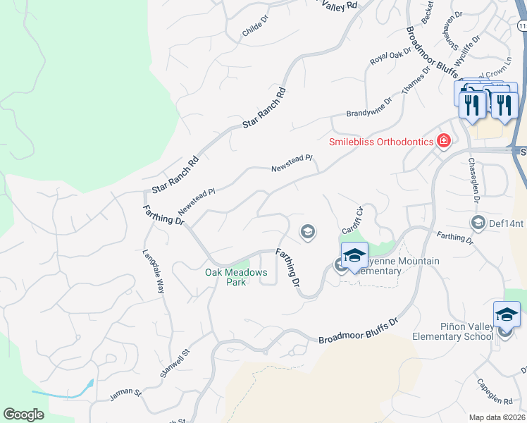 map of restaurants, bars, coffee shops, grocery stores, and more near 70 Lowick Dr in Colorado Springs