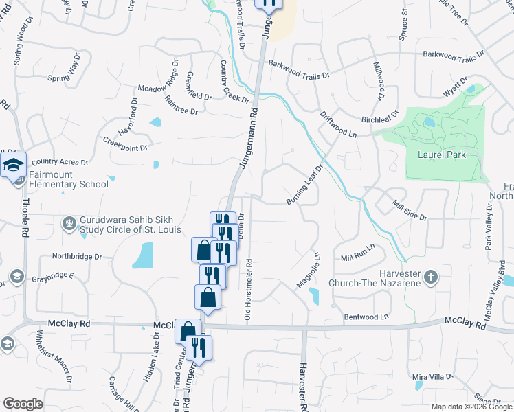 map of restaurants, bars, coffee shops, grocery stores, and more near 368 Old Horstmeier Road in Saint Peters