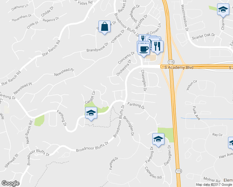 map of restaurants, bars, coffee shops, grocery stores, and more near 4831 Spanish Heights in Colorado Springs
