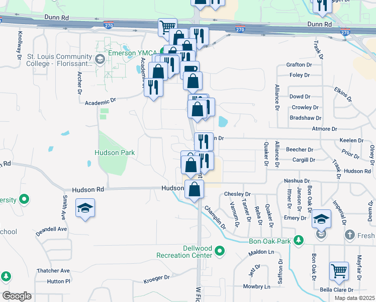 map of restaurants, bars, coffee shops, grocery stores, and more near 10469 Chardonniere Drive in Ferguson
