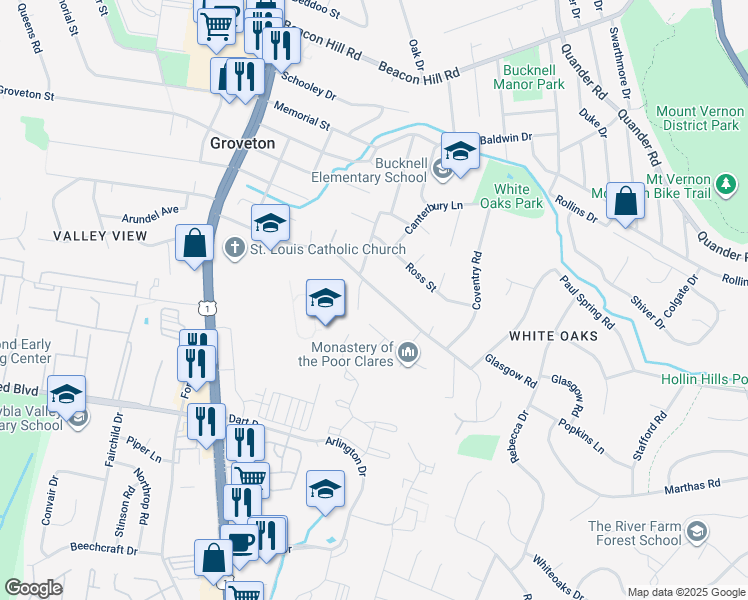 map of restaurants, bars, coffee shops, grocery stores, and more near 2605 Popkins Lane in Alexandria
