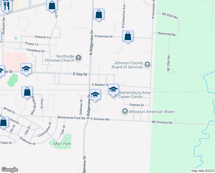 map of restaurants, bars, coffee shops, grocery stores, and more near 926 East Market Street in Warrensburg