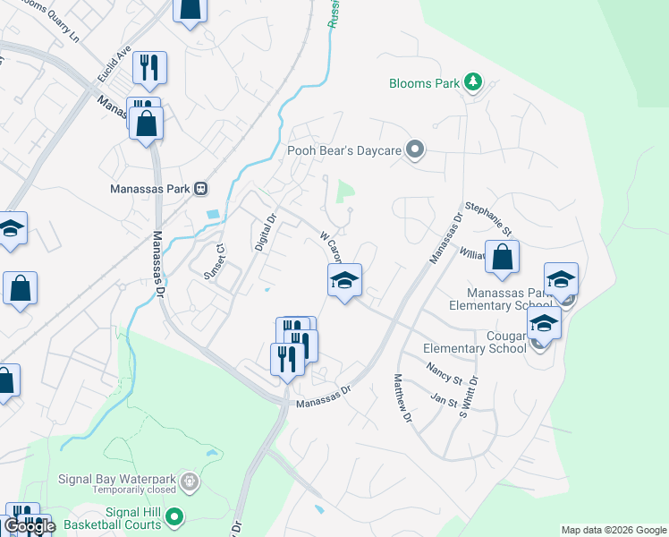 map of restaurants, bars, coffee shops, grocery stores, and more near 9409 Lanae Lane in Manassas Park