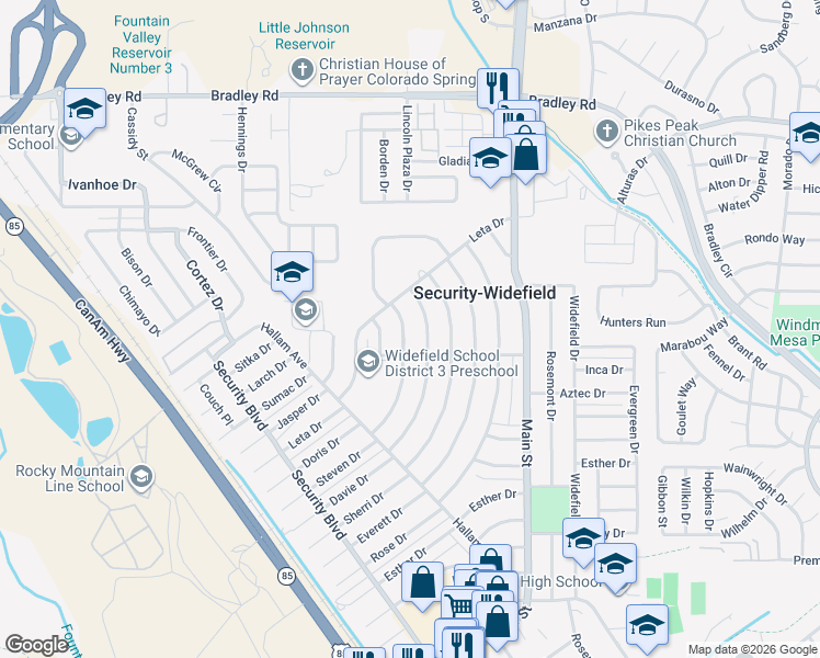 map of restaurants, bars, coffee shops, grocery stores, and more near 313 Steven Drive in Colorado Springs