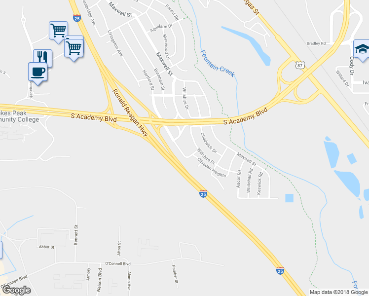 map of restaurants, bars, coffee shops, grocery stores, and more near 1549 Hartford Street in Colorado Springs
