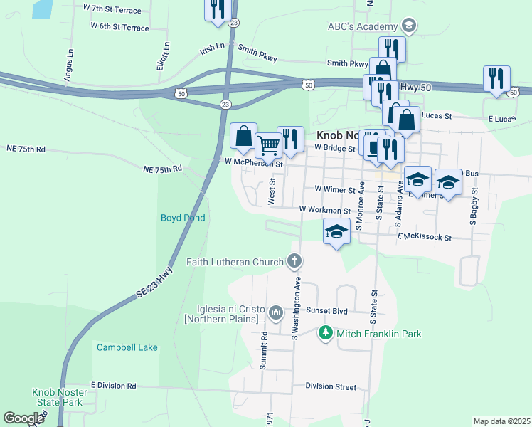 map of restaurants, bars, coffee shops, grocery stores, and more near 717 Deerbrook Circle in Knob Noster