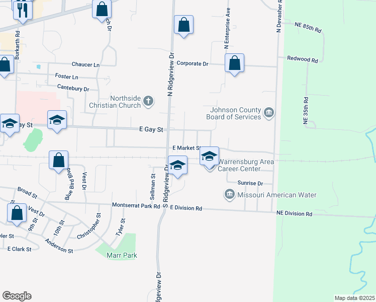 map of restaurants, bars, coffee shops, grocery stores, and more near 912 East Market Street in Warrensburg