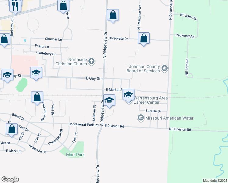 map of restaurants, bars, coffee shops, grocery stores, and more near 912 East Market Street in Warrensburg