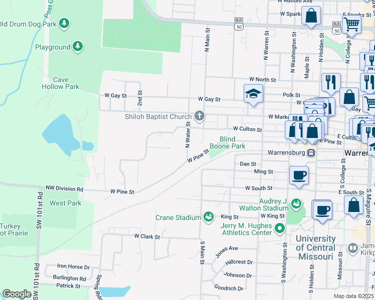 map of restaurants, bars, coffee shops, grocery stores, and more near 109B North Water Street in Warrensburg