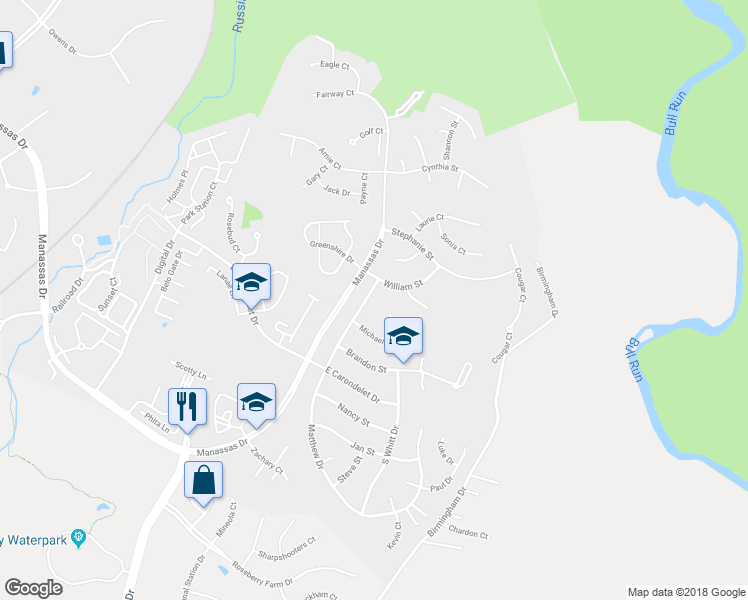 map of restaurants, bars, coffee shops, grocery stores, and more near 9183 Matthew Drive in Manassas