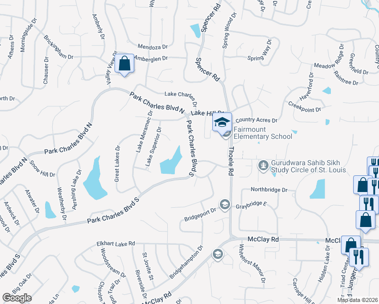 map of restaurants, bars, coffee shops, grocery stores, and more near 418 Park Charles Boulevard South in St. Peters