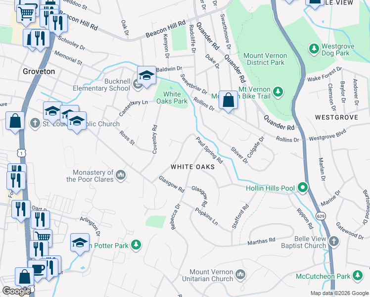 map of restaurants, bars, coffee shops, grocery stores, and more near 7107 Devonshire Road in Alexandria
