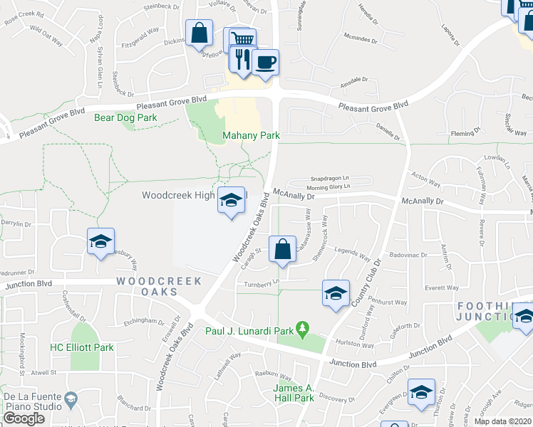 map of restaurants, bars, coffee shops, grocery stores, and more near 1060 Caragh Street in Roseville