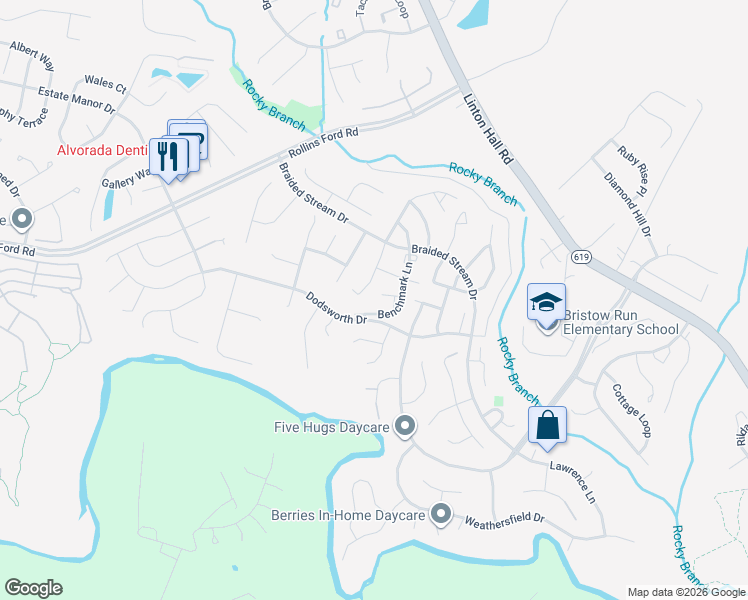 map of restaurants, bars, coffee shops, grocery stores, and more near 9000 Benchmark Lane in Bristow