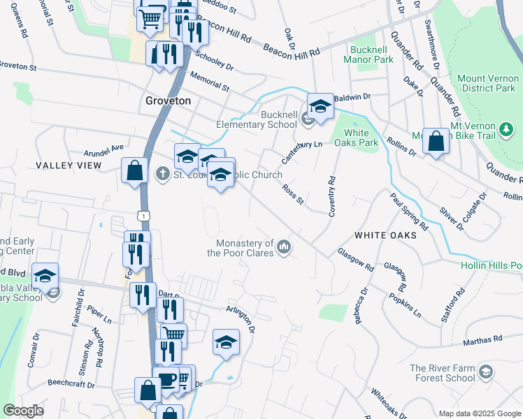 map of restaurants, bars, coffee shops, grocery stores, and more near 2605 Popkins Lane in Alexandria