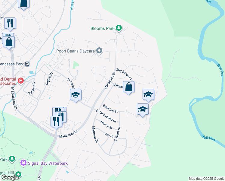 map of restaurants, bars, coffee shops, grocery stores, and more near 9183 Matthew Drive in Manassas Park