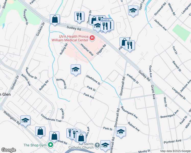 map of restaurants, bars, coffee shops, grocery stores, and more near 9612 Gladstone Street in Manassas