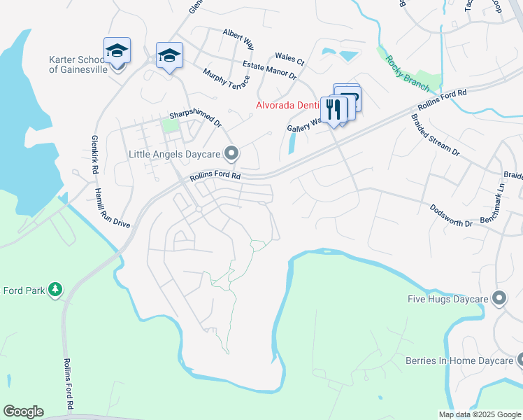 map of restaurants, bars, coffee shops, grocery stores, and more near 14181 Catbird Drive in Gainesville