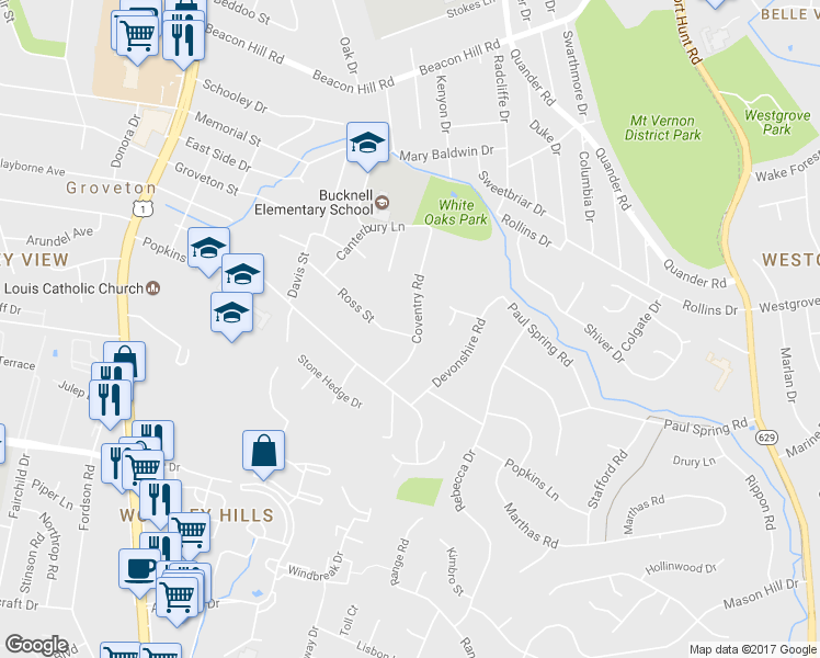 map of restaurants, bars, coffee shops, grocery stores, and more near 2400 Ross Street in Alexandria