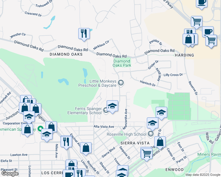 map of restaurants, bars, coffee shops, grocery stores, and more near 308 Walton Way in Roseville