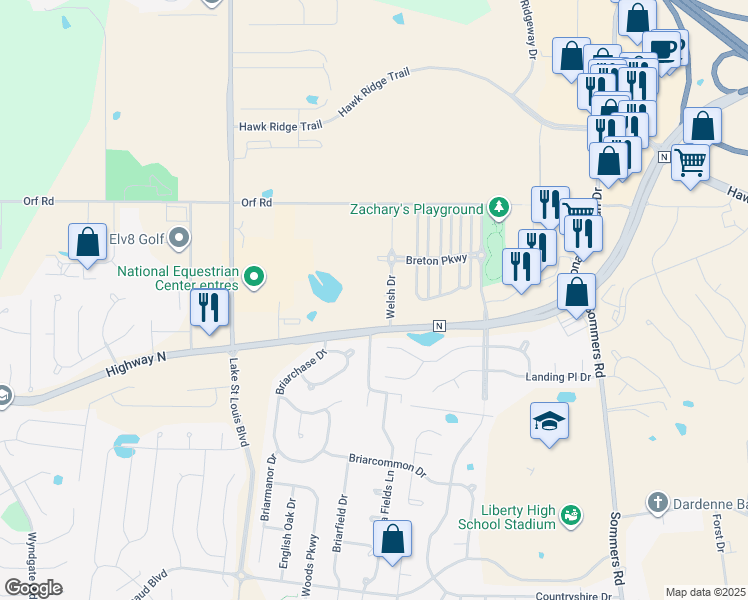 map of restaurants, bars, coffee shops, grocery stores, and more near 1131 Welsh Drive in Lake Saint Louis