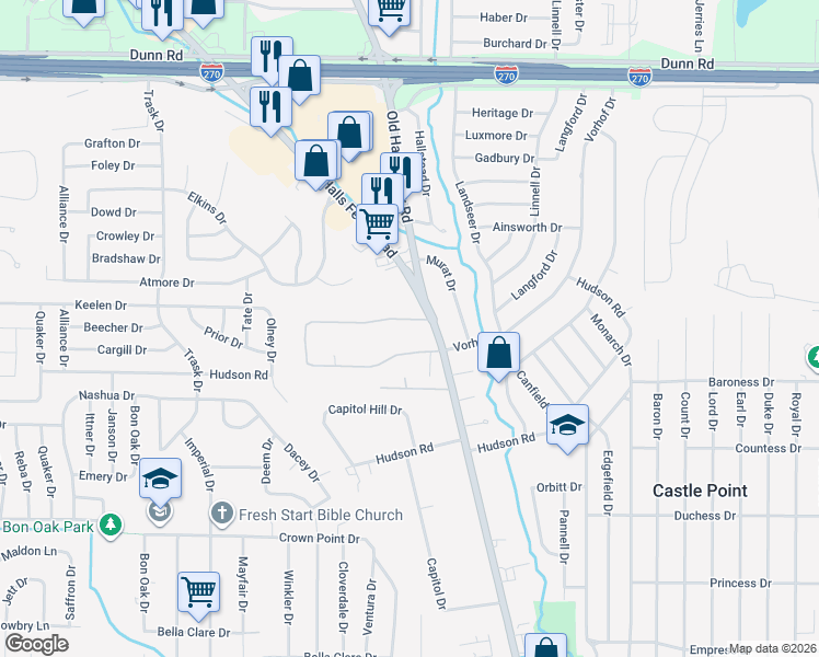 map of restaurants, bars, coffee shops, grocery stores, and more near 2180 Old Manor Road in St. Louis