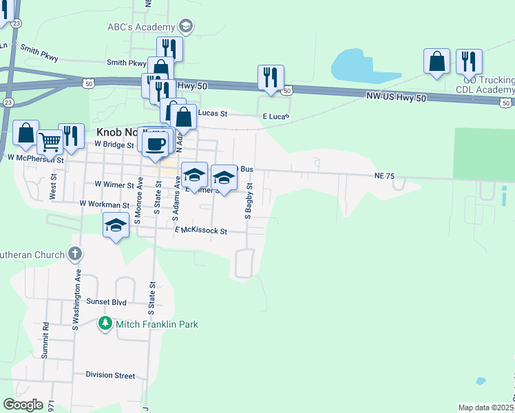 map of restaurants, bars, coffee shops, grocery stores, and more near 214 Sunshine Lane in Knob Noster