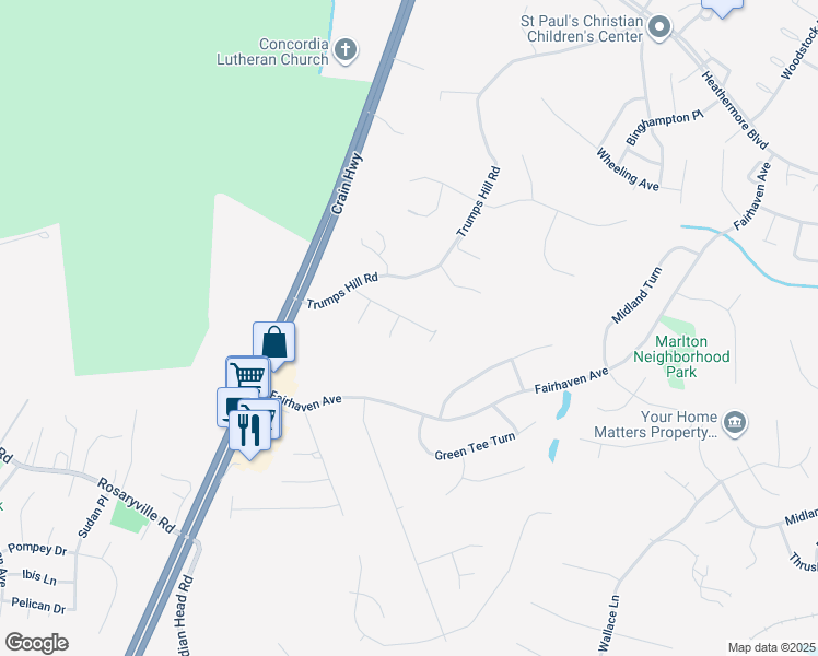 map of restaurants, bars, coffee shops, grocery stores, and more near 11813 Fairgreen Lane in Upper Marlboro