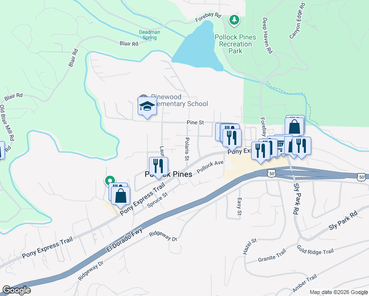 map of restaurants, bars, coffee shops, grocery stores, and more near 2910 Polaris Street in Pollock Pines