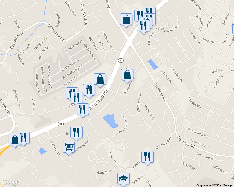 map of restaurants, bars, coffee shops, grocery stores, and more near 1900 Scherer Parkway in St. Charles