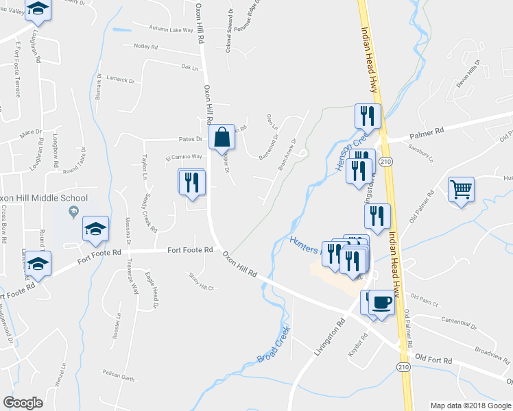 map of restaurants, bars, coffee shops, grocery stores, and more near 9203 Branchview Drive in Fort Washington