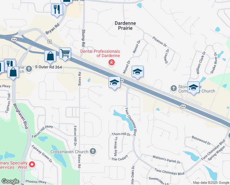 map of restaurants, bars, coffee shops, grocery stores, and more near 7396 Twin Chimneys Boulevard in O'Fallon
