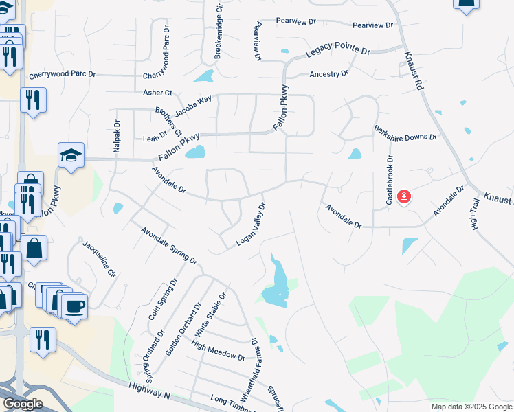 map of restaurants, bars, coffee shops, grocery stores, and more near 611 Logan Valley Drive in St. Peters