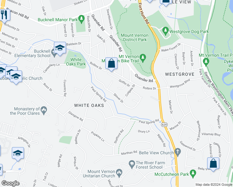 map of restaurants, bars, coffee shops, grocery stores, and more near 2100 Shiver Drive in Alexandria