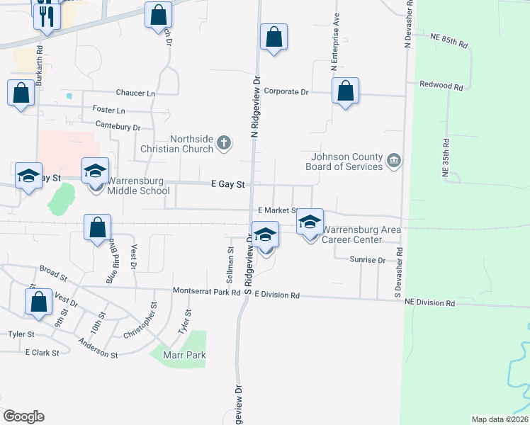 map of restaurants, bars, coffee shops, grocery stores, and more near 902 East Market Street in Warrensburg