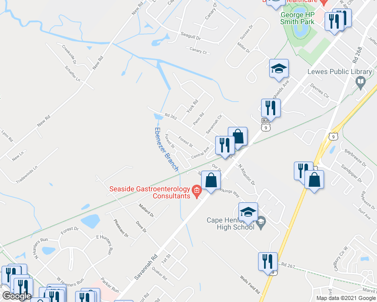 map of restaurants, bars, coffee shops, grocery stores, and more near 16377 Seneca Street in Lewes