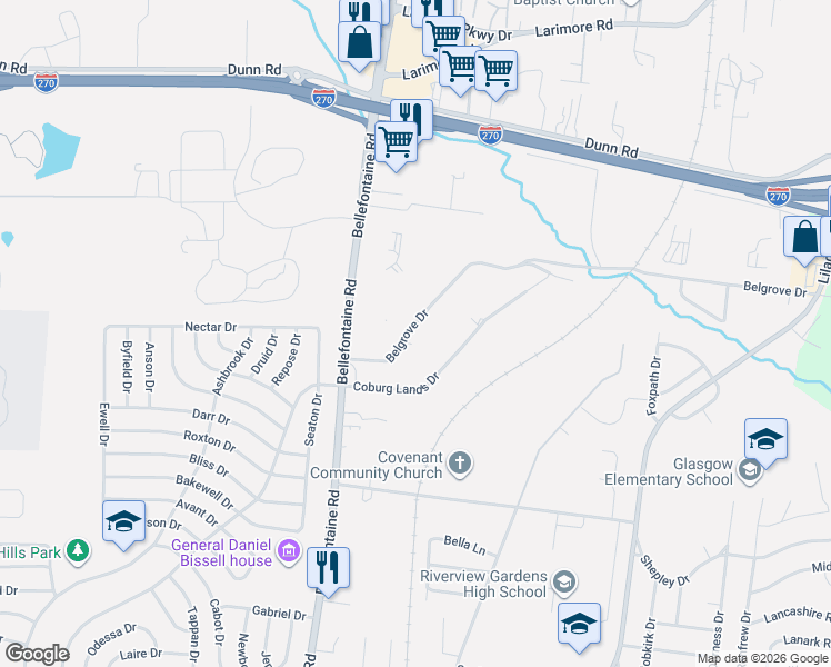 map of restaurants, bars, coffee shops, grocery stores, and more near 1444 Belgrove Drive in St. Louis