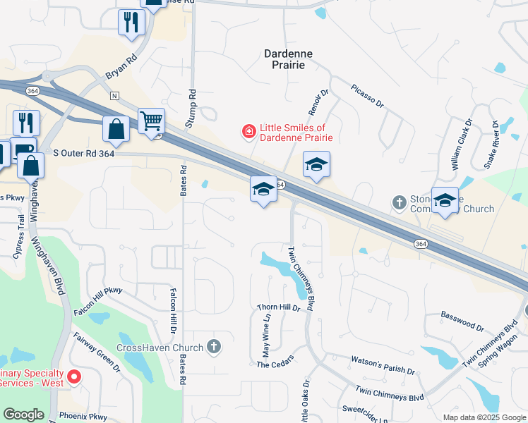 map of restaurants, bars, coffee shops, grocery stores, and more near 7396 Twin Chimneys Boulevard in O'Fallon