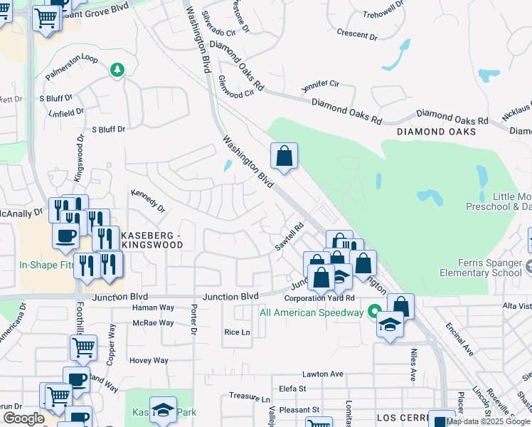 map of restaurants, bars, coffee shops, grocery stores, and more near 2800 Quail Ridge West Lane in Roseville