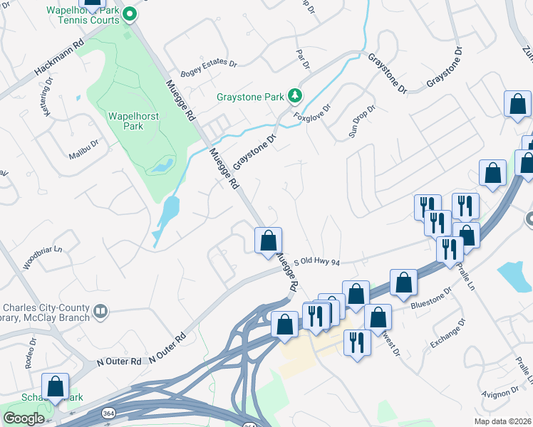 map of restaurants, bars, coffee shops, grocery stores, and more near 56 Hampton Place Court in Saint Charles