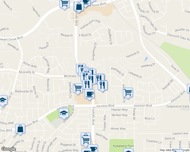 map of restaurants, bars, coffee shops, grocery stores, and more near 1431 Kingswood Drive in Roseville