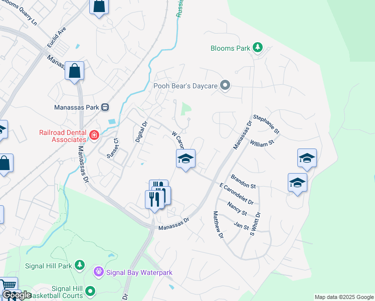 map of restaurants, bars, coffee shops, grocery stores, and more near 9410 Black Hawk Court in Manassas Park